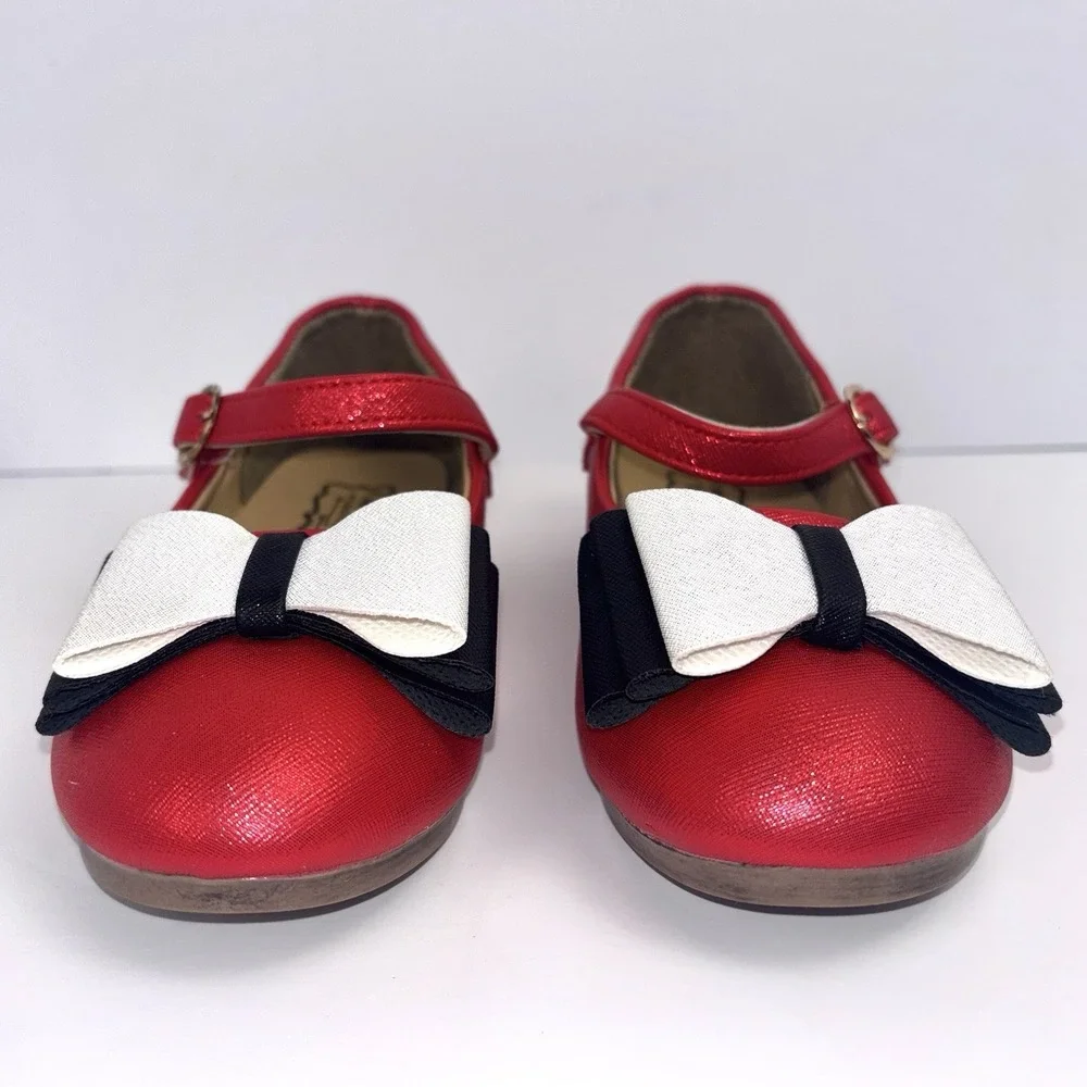 Pipperdoodles Shimmer Red Dress Shoes White Black Bow Gold Buckle EU 35  US 3